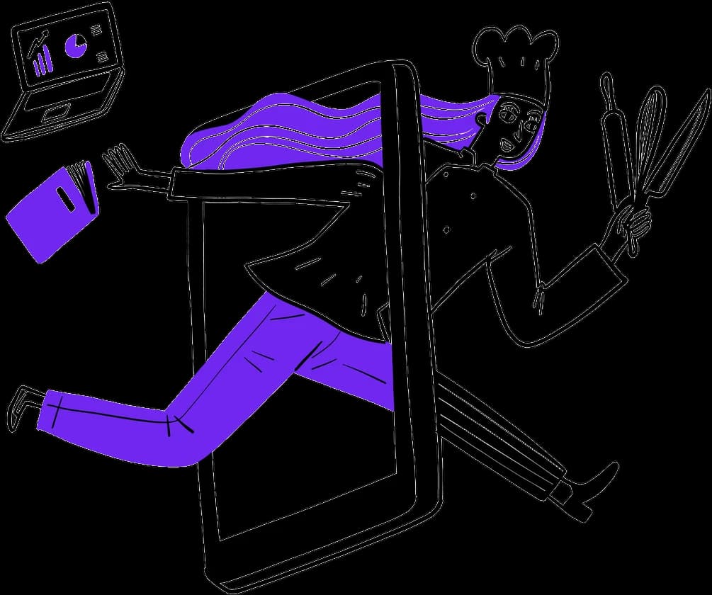Chef stepping out of a smartphone screen, representing a restaurant reaching customers online