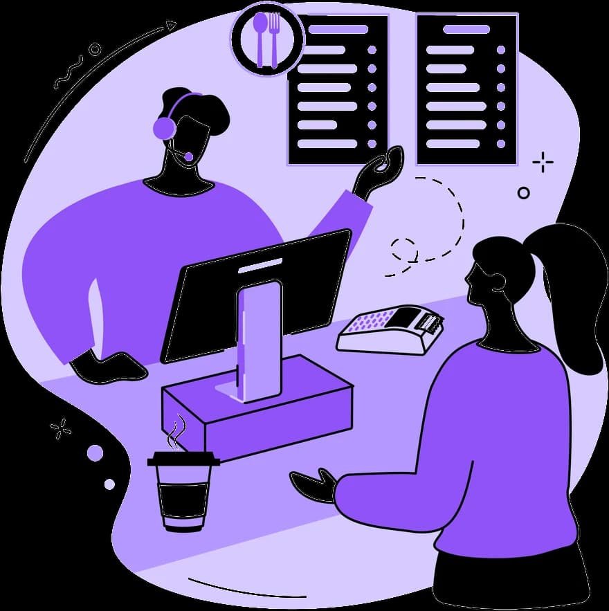 Restaurant staff member taking a customer order at a POS terminal